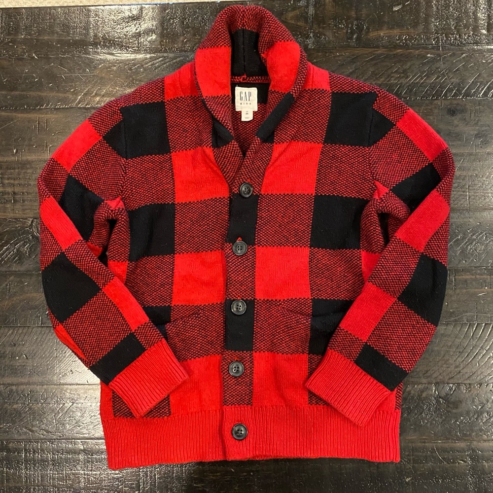 Gap boys red and black Buffalo check button cardigan sweater, 8